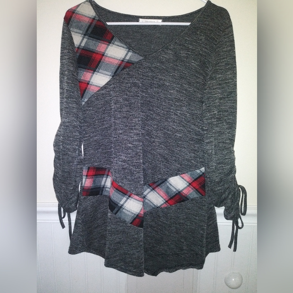 Women's Dressfo Shirt Dress Black With Red Plaid Accent And Tie Sleeves Size 8